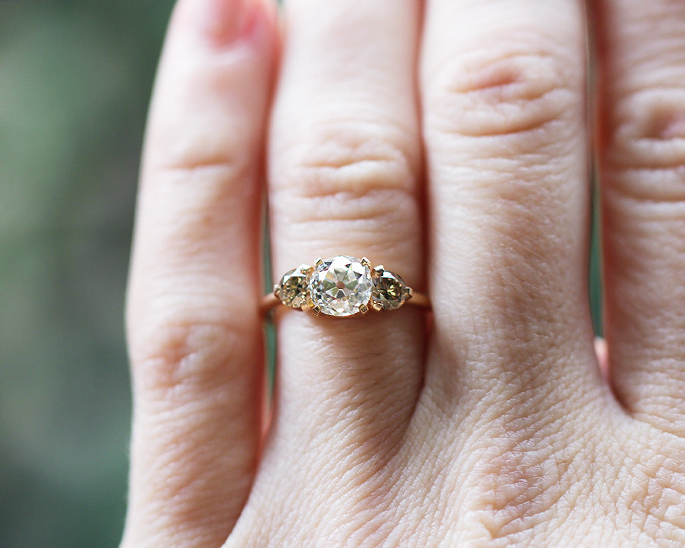 Three Stone Ring with Old Mine Cut and Champagne Diamonds