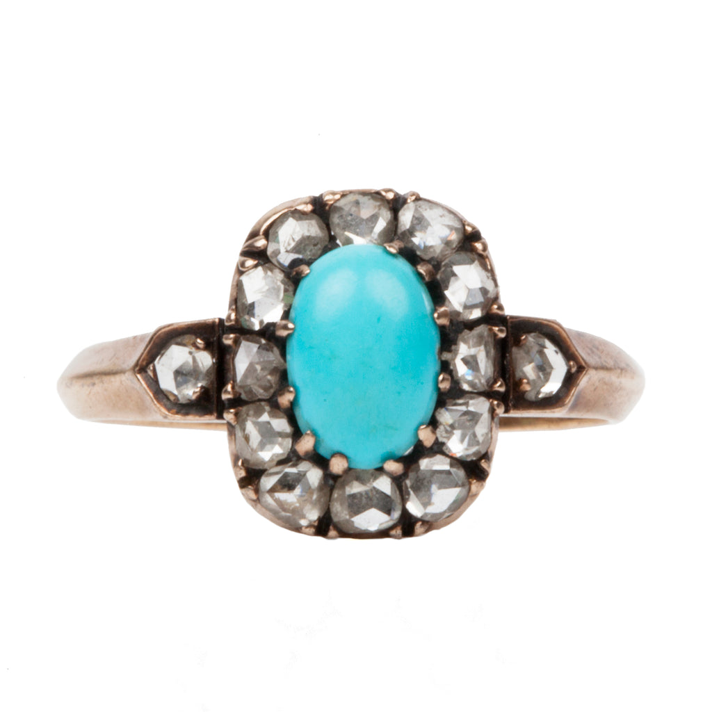 Victorian Era Turquoise and Diamond Cluster Ring
