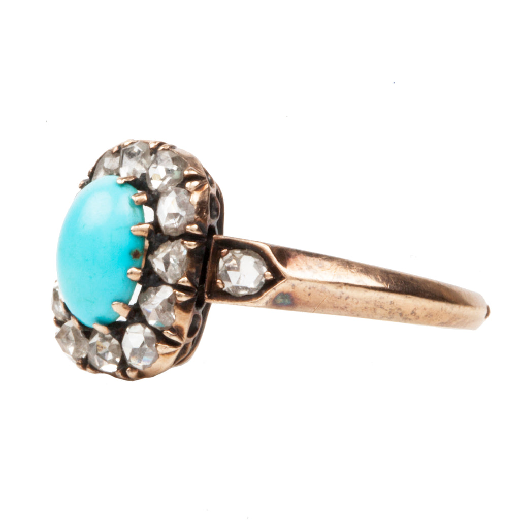 Victorian Era Turquoise and Diamond Cluster Ring