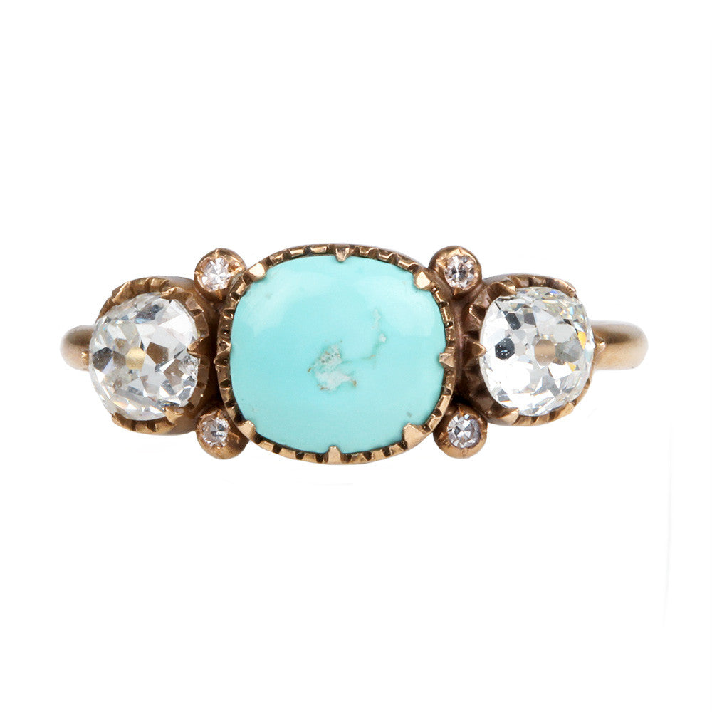 Turquoise and Old Mine Cut Diamond Three Stone Ring