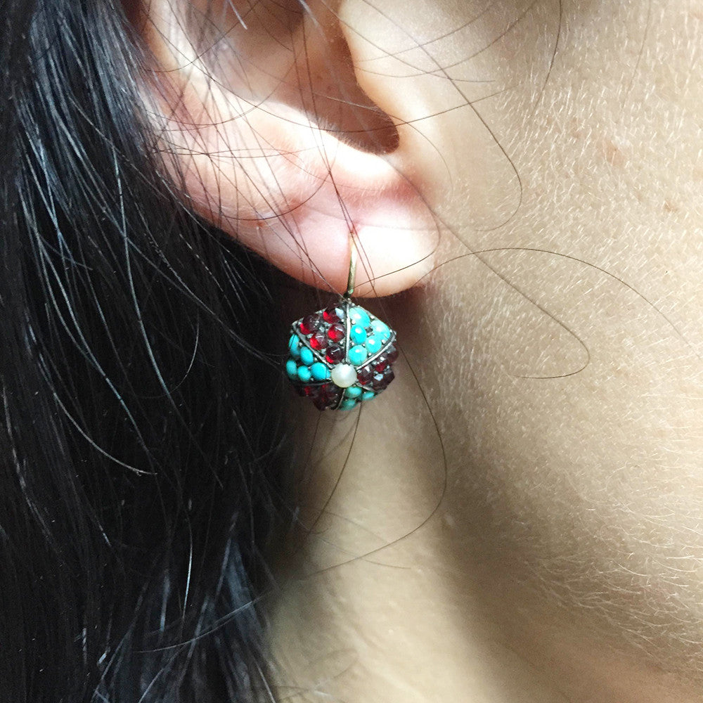 Victorian Era Turquoise & Garnet Earrings