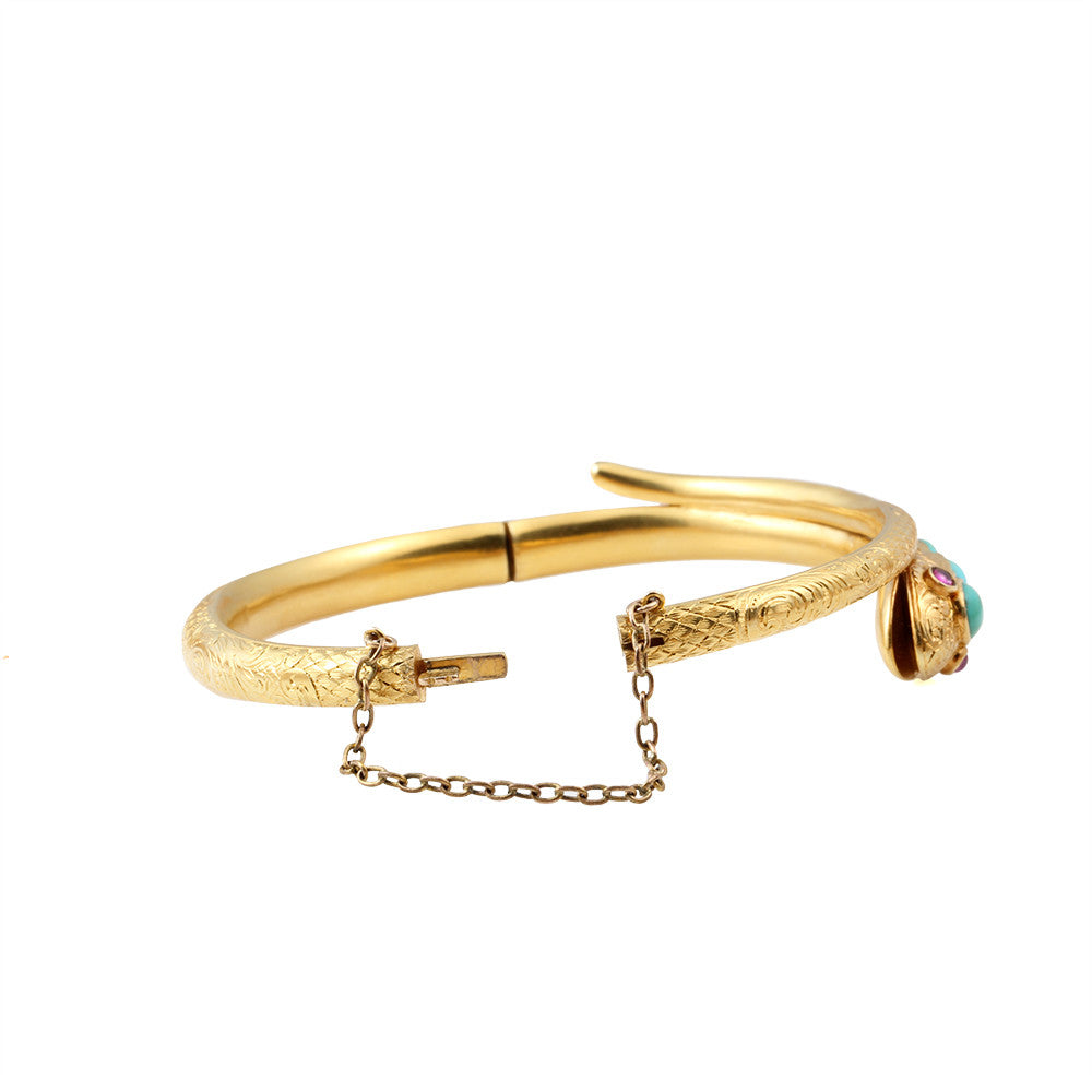 Victorian Gold Snake Bangle with Turquoise & Rubies