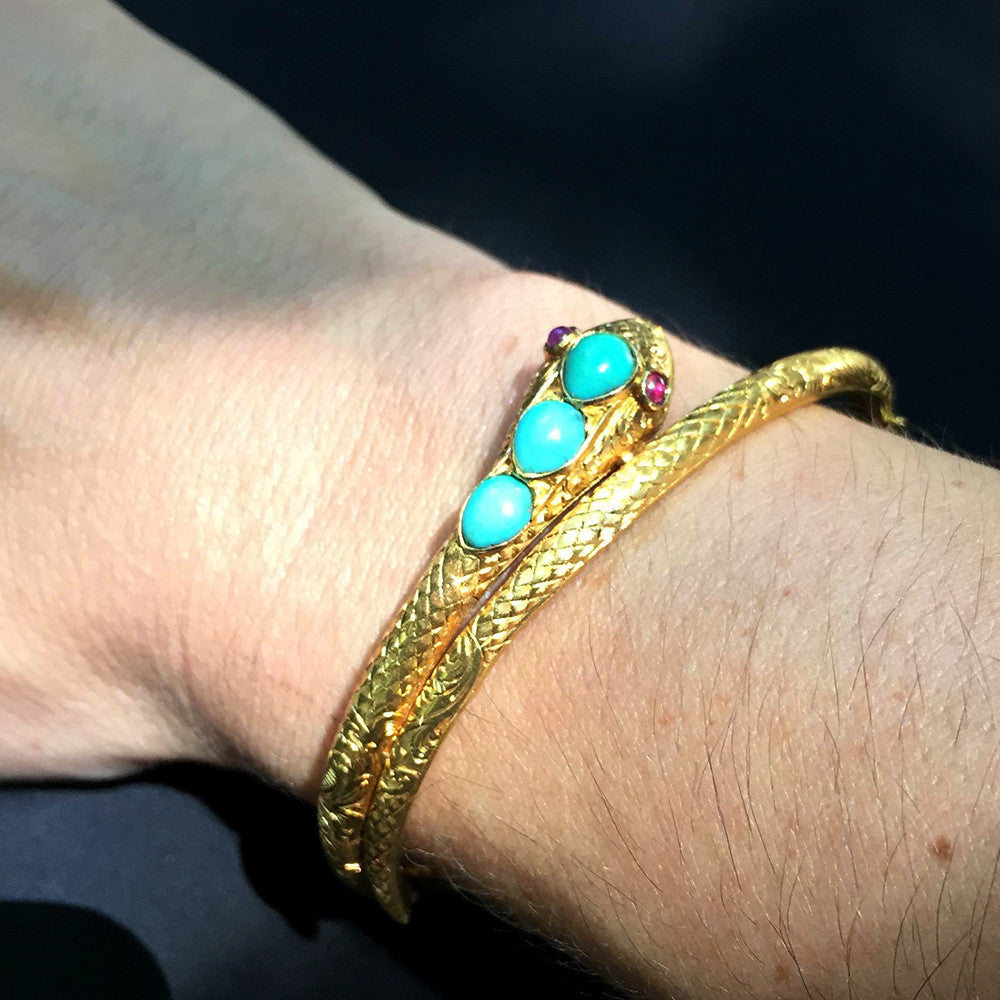 Victorian Gold Snake Bangle with Turquoise & Rubies