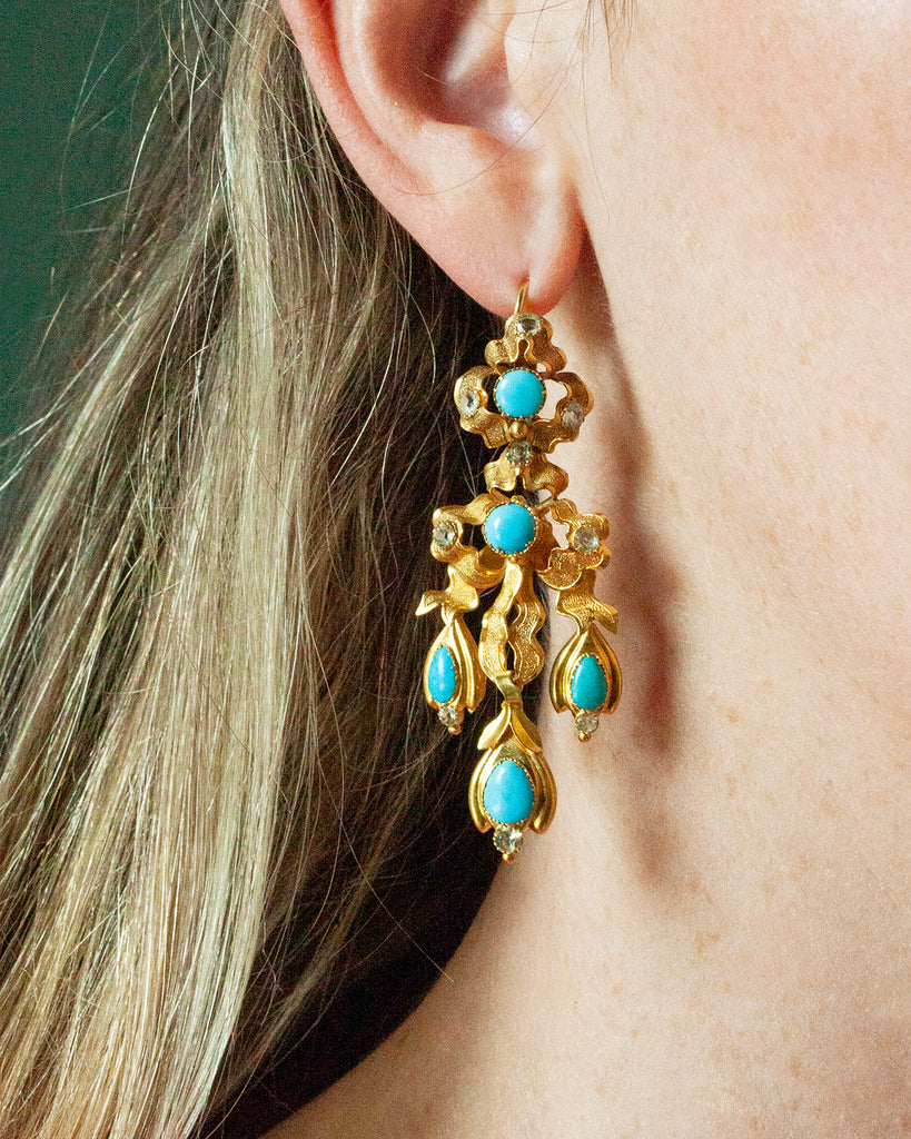 19th century turquoise and chrysoberyl chandelier earrings