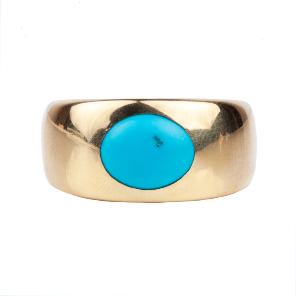 Bell and Bird Heavy Gold Flush Set Turquoise Ring
