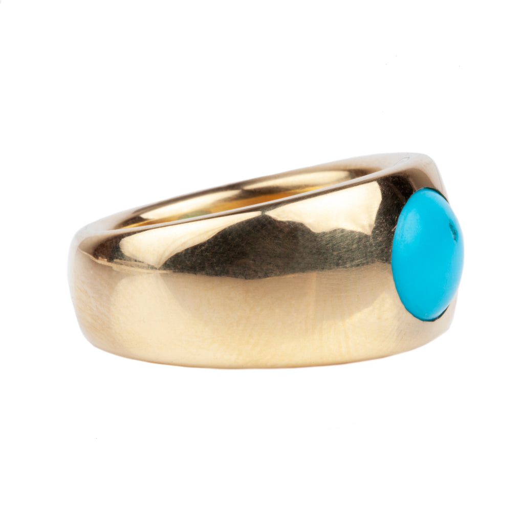 Bell and Bird Heavy Gold Flush Set Turquoise Ring