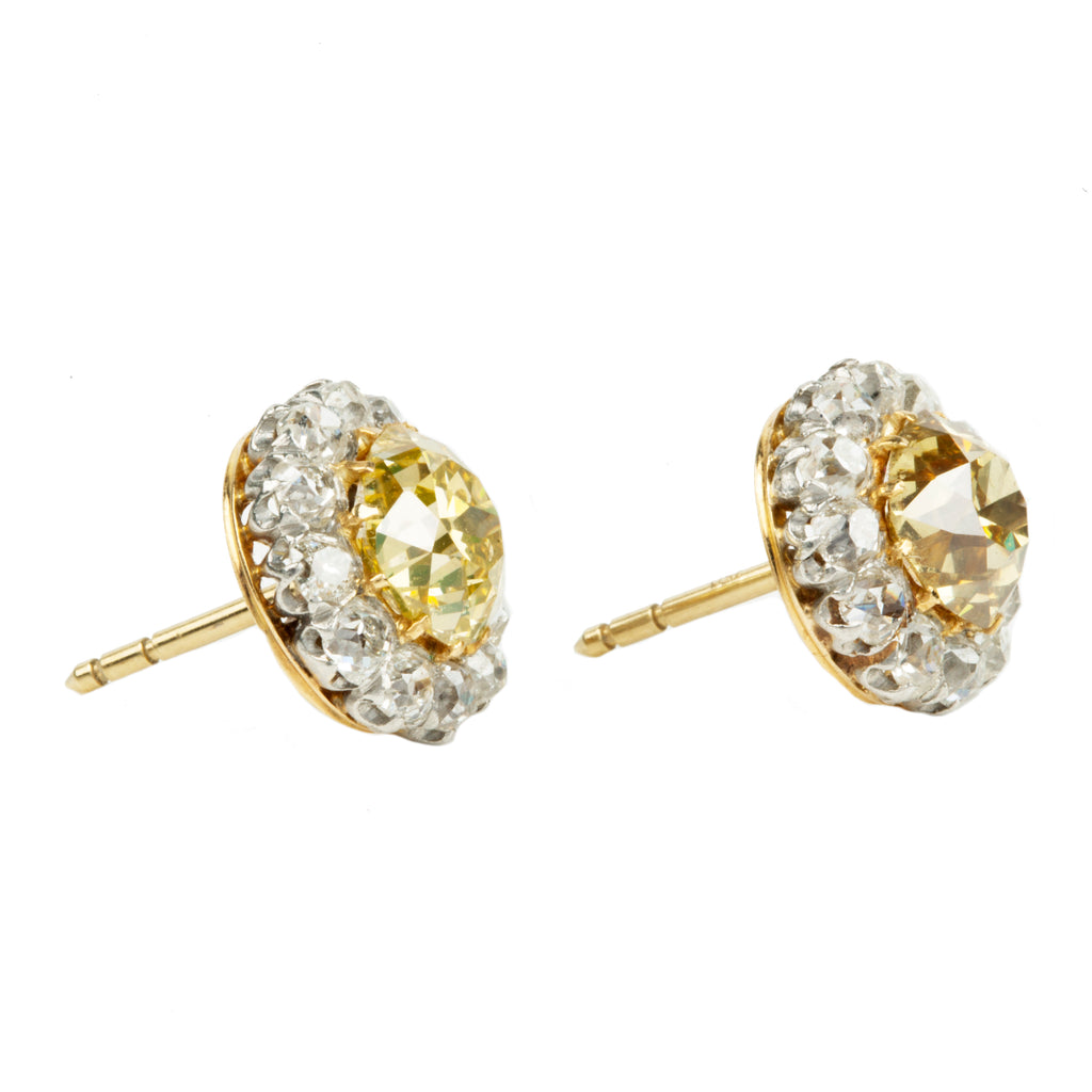 Antique Yellow Old Mine Cut Diamond Cluster Earrings