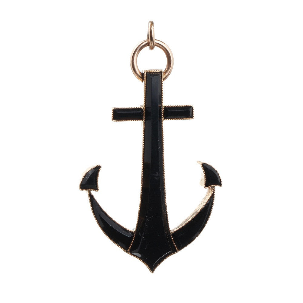 Victorian Era Onyx Anchor Pendant in Rose Gold