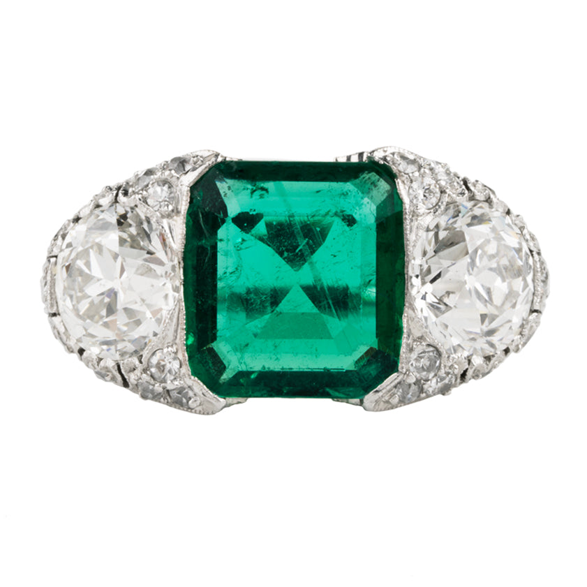 Art Deco Emerald and Old European Cut Diamond Ring