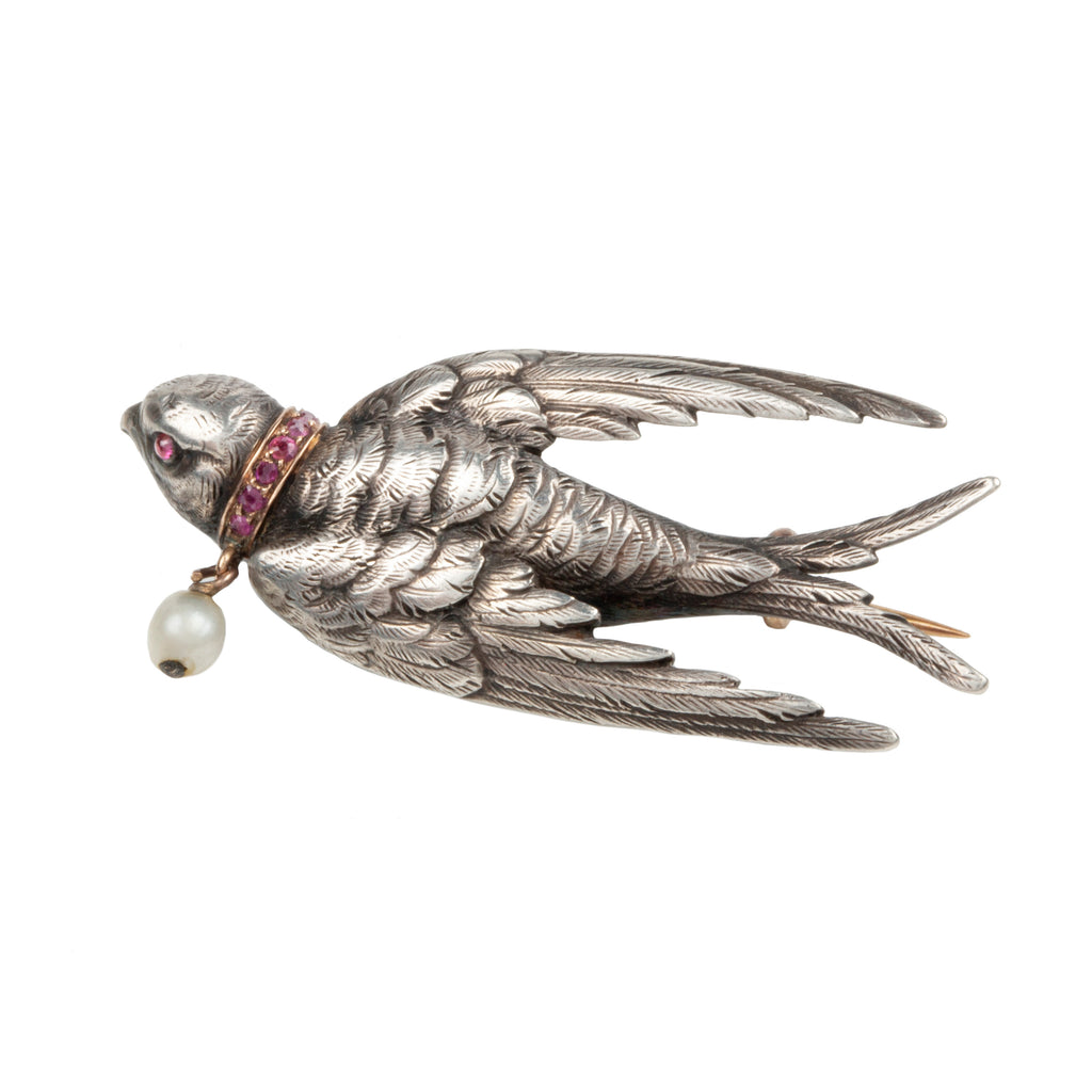 Victorian Silver Ruby and Pearl Sallow Brooch