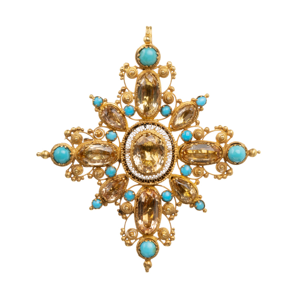Georgian Era Topaz and Turquoise Pendant with gold Cannetille work